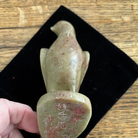 Vintage Carved Stone Bird Sculpture with Chinese Marking on Base